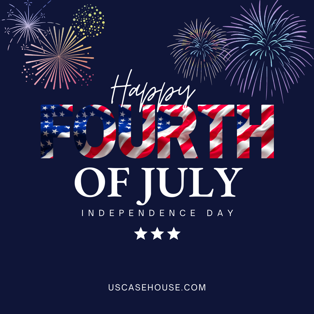 Happy Fourth of July, Indpendence Day from US Casehouse surrounded by cartoon fireworks display