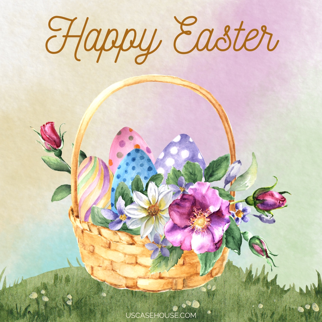 Basket filled with Easter eggs and flowers sitting on grass with text that reads 'Happy Easter'
