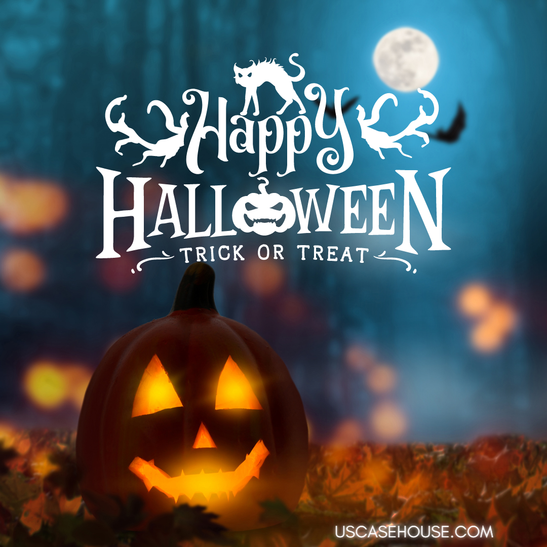 Happy Halloween! Trick or Treat with lit Jack o Lantern pumpkin under full moon in creepy, foggy forest