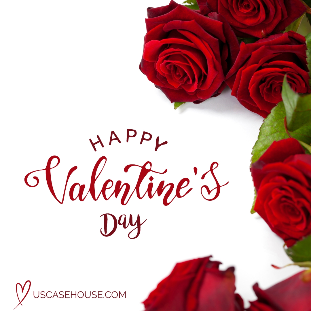 Red roses lay on a white background. Text reads "Happy Valentine's Day" above a heart shape and "USCasehouse.com"