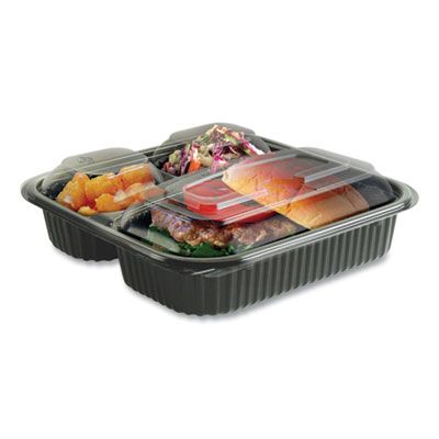 Anchor 4118523 Culinary Squares Takeout Container & Lid, 3 Compartment,  Microwavable, 8.46 x 8.46 x 2.5, Black / Clear - 150 / Case