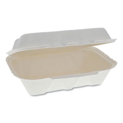 Pactiv YMCH00890001 EarthChoice Bagasse Hinged Lid Takeout Container, 9.1  x 6.1 x 3.3, Natural - 150 / Case