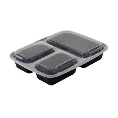 Pactiv NC333B VERSAtainer 32 oz Containers and Lids, 3 Sections, 9-7/8" x 7-1/2" x 1-3/4", Black / Clear - 150 / Case