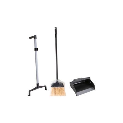 Genuine Joe 02407 Lobby Dust Pan and Broom Combo Kit, L-Grip Handle, Black - 1 / Case