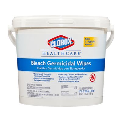 Clorox 30358 Healthcare Bleach Germicidal Wipes, 110 / Bucket, 12" x 12" - 2 / Case