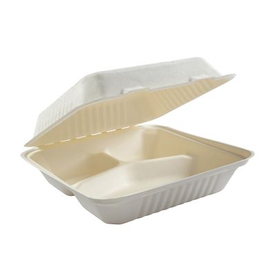 AmerCareRoyal HL-93 Primeware Large Hinged Lid Carryout Containers, 3 Compartments, Molded Fiber, 9" x 9" x 3.19", White / Natural - 200 / Case