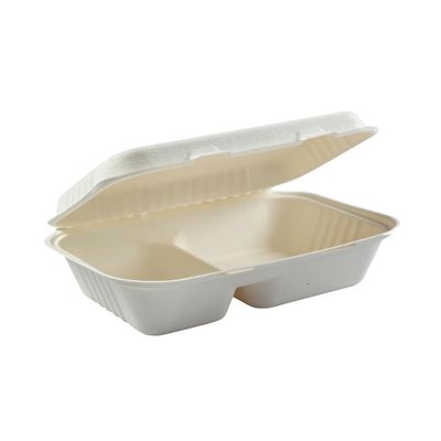 AmerCareRoyal HL-96-2 Primeware Hinged Lid Carryout Containers, 2 Compartment, Molded Fiber, 9" x 6", White / Natural - 250 / Case