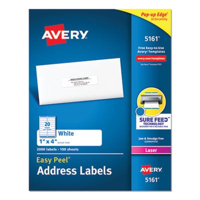 Avery 5161 Easy Peel Address Labels, 1" x 4", White - 100 / Case
