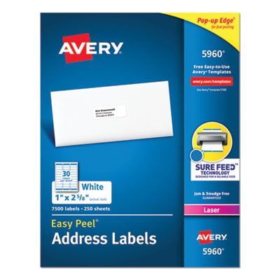 Avery 5960 Easy Peel Address Labels, 1&#34 x 2.63", White - 7500 / Case