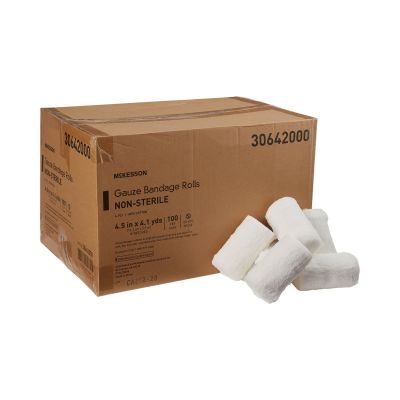McKesson 30642000 Fluff Gauze Bandage, 6-Ply Cotton, 4-1/2" x 4-1/10 Yds Roll Shape, White - 100 / Case
