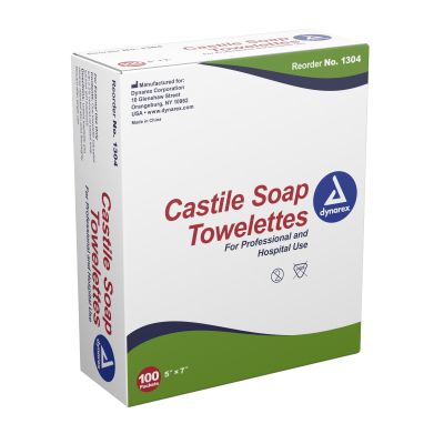 Dynarex 1304 Castile Soap Towelettes / Personal Wipes, Individual Packet, 5" x 5", Scented - 1000 / Case