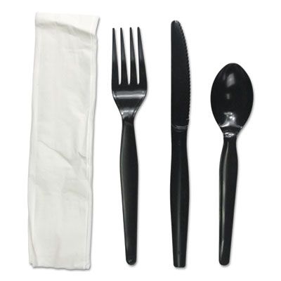 Boardwalk FKTNHWPSBLA Wrapped Cutlery Kit, Heavyweight Black Plastic Fork, Knife, Teaspoon, Paper Napkin - 250 / Case