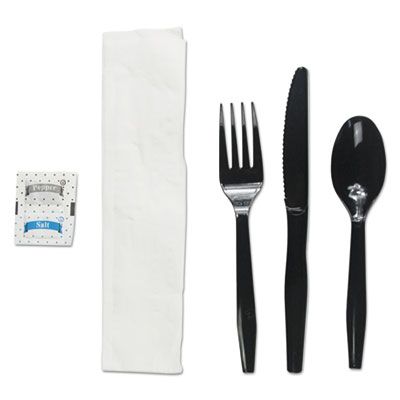 Boardwalk FKTNSMWPSBLA Wrapped Cutlery Kit, Black Plastic Fork, Knife, Teaspoon, Napkin, Salt, Pepper - 250 / Case