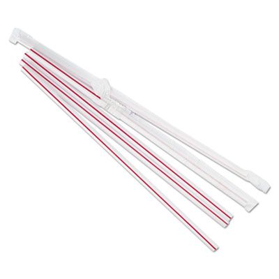 Boardwalk JSTW775S24 7.75" Plastic Jumbo Straws, Wrapped, Red with White Stripe - 10000 / Case