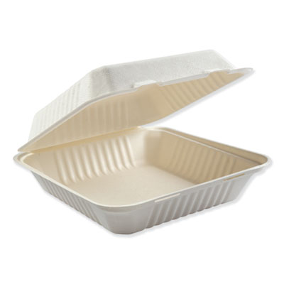 Boardwalk HINGEWF1CM9 Bagasse Hinged Food Containers, 9" x 9" x 3.19", White - 200 / Case