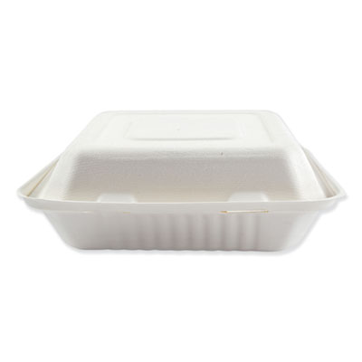 Boardwalk HINGEWF3CM9 Bagasse Hinged Food Containers, 3 Compartments, 9" x 9" x 3.19", White - 200 / Case 