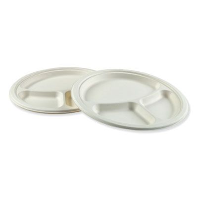 Boardwalk PLATEWF3CM10 10" Bagasse Molded Fiber Dinner Plates, 3 Compartment, White - 500 / Case