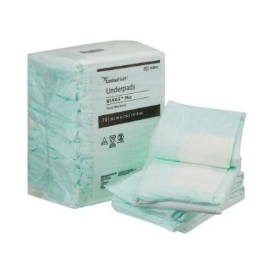 Cardinal Health 958B10 Wings Plus Underpads, 30" x 36", Disposable, Fluff / Polymer, Heavy Absorbency, White / Green - 50 / Case