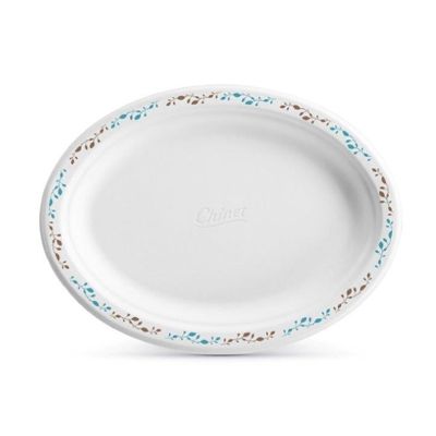 Huhtamaki Chinet 22518 Vines Oval Paper Platters, Molded Fiber, 7.5" x 10", White with Rim Design - 500 / Case