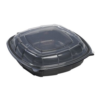 Mullinix 1000744 Plastic Hinged Containers, 9" x 9" x 2.5", Black / Clear - 112 / Case