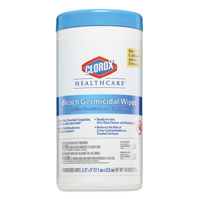 Clorox 35309 Healthcare Bleach Germicidal Wipes, 6.75" x 9", 70 / Canister - 6 / Case
