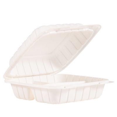 Dart 85MFPPHT3 ProPlanet Plastic Hinged Lid Container, Mineral-Filled Polypropylene, 3 Compartments, 8" x 8.3" x 3", White - 150 / Case