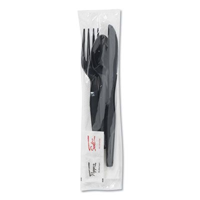 Dixie CH56NSPC7 Wrapped Plastic Cutlery Kits, Heavyweight, Black Fork, Knife, Teaspoon, Salt/Pepper, Napkin - 250 / Case