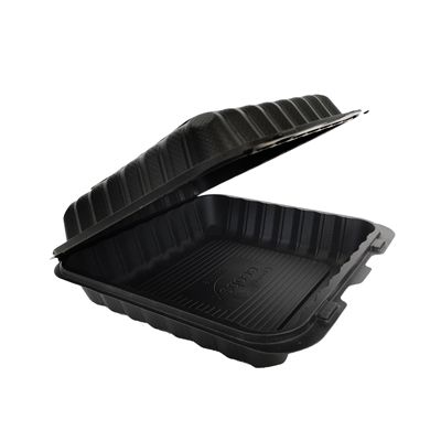 Ecopax PP993S-BK Large Hinged Lid Plastic Food Containers, Microwavable, Polypropylene, 9.1" x 8.8" x 3", Black - 150 / Case