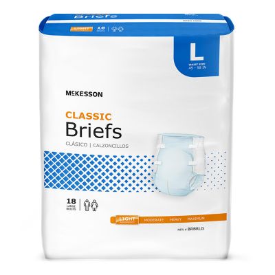 McKesson BRBRLG Classic Incontinence Brief w/ Tabs, Adult Unisex, Large (45 to 58"), Light Absorbency - 72 / Case