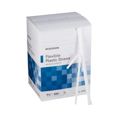 McKesson 16-9550 7-3/4" Flexible Drinking Straws, Plastic, Wrapped, White - 10000 / Case