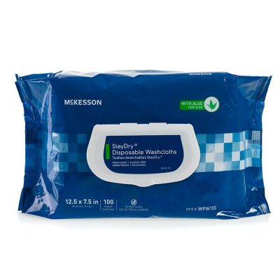 McKesson WPW100 StayDry Disposable Washcloths / Personal Wipes, Premoistened, Aloe & Vitamin E, 12" x 8", Scented - 600 / Case