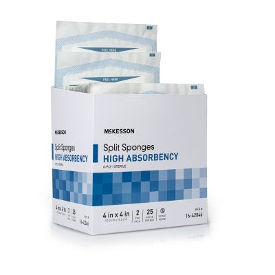 McKesson 16-42046 Split Sponges w/ High Absorbency for I.V. / Drains / Tubes, 6-Ply Polyester / Rayon, 4" x 4", Sterile - 600 / Case