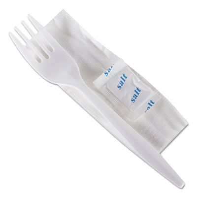 GEN 3KITMW Wrapped Plastic Cutlery Kit, White Fork, Paper Napkin, Salt Packet - 500 / Case