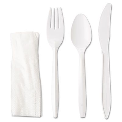 General 4KITMW Wrapped Plastic Cutlery Kit, Fork, Knife, Spoon, Paper Napkin, White - 250 / Case