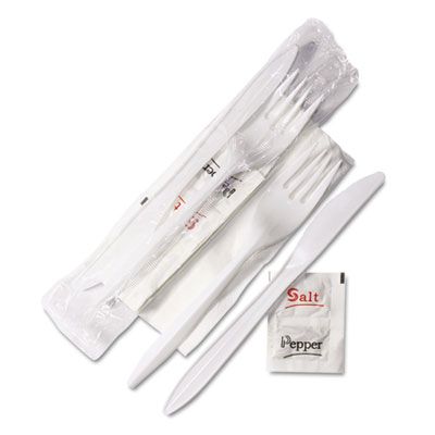 General 5KITMW Wrapped Plastic Cutlery Kit, Fork, Knife, Paper Napkin, Salt & Pepper Packet, White - 500 / Case