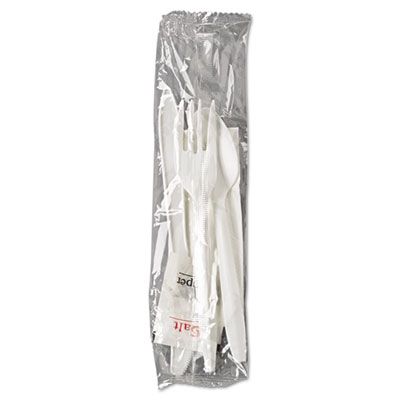 General 6KITMW Wrapped Plastic Cutlery Kit, Fork, Knife, Spoon, Paper Napkin, Salt & Pepper Packet, White - 250 / Case