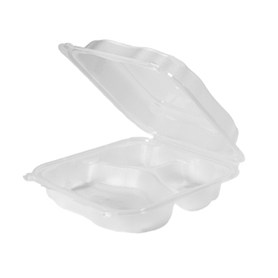 Genpak CLX399-CL Clover Hinged Lid Carryout Container, 3 Compartments, Polypropylene, 9.23" x 9.23" x 3", Clear - 150 / Case