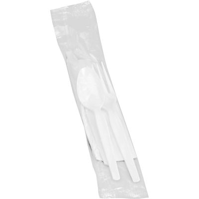 Genuine Joe 58926 Plastic Utensil Kit with Knife / Fork / Spoon, Paper Napkin, White - 250 / Case