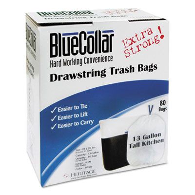 Heritage N4828EWRC1 BlueCollar 13 Gallon Drawstring Trash Bags, 0.8 Mil, 24" x 28", White - 480 / Case