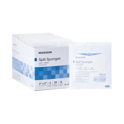 McKesson 16-42026 Split Sponges w/ High Absorbency for I.V. / Drains / Tubes, 6-Ply Polyester / Rayon, 2" x 2", Sterile - 1400 / Case