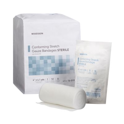 McKesson 16-019 Conforming Stretch Gauze Bandages, Polyester, 4" x 4-1/10 Yds Roll Shape, Sterile - 96 / Case