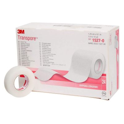 3M 1527-0 Transpore Surgical Medical Tape, Porous Plastic, 1/2" x 10 Yds Roll, Transparent - 240 / Case