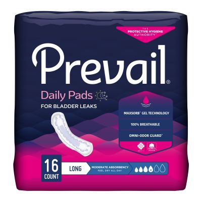 Prevail Daily Pads for Bladder Leaks, Long, Moderate Absorbency - 144 / Case