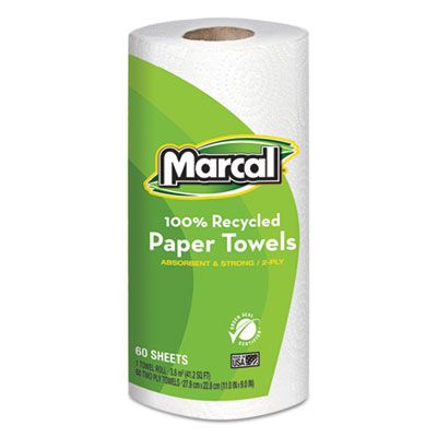 Marcal 6709 100% Recycled Kitchen Roll Paper Towels, 2 Ply, 60 Perforated Sheets / Roll, White - 15 / Case