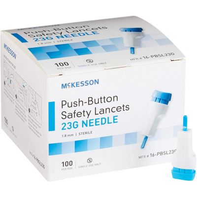 McKesson Push-Button Safety Lancets, 23 Gauge Needle, 1.8 mm Fixed Depth, Sterile - 100 / Case