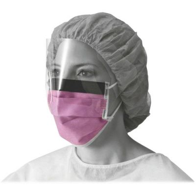 Medline NON27410EL Curad Fluid-Resistant Face Mask w/ Eye Shield, Earloop Style, Purple - 25 / Case