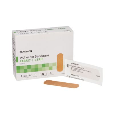 McKesson 16-4811 Fabric Strip Adhesive Bandages, 1" x 3" Rectangle, Tan, Sterile - 2400 / Case