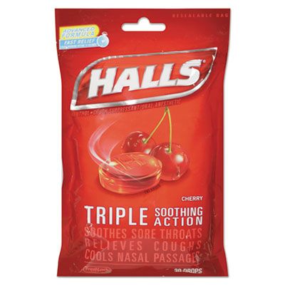 Mondelez 27499 HALLS Triple Action Cough Drops, Cherry Flavor, 30-Piece Bag - 12 / Case