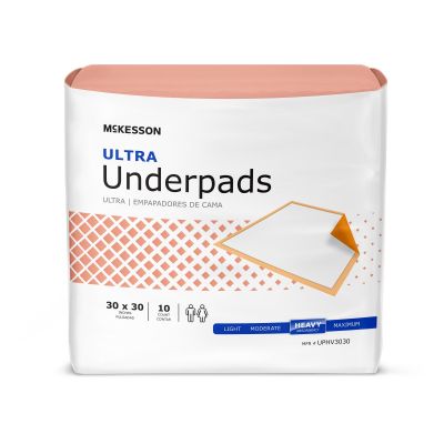 McKesson UPHV3030 Ultra Underpads, 30" x 30", Disposable, Fluff / Polymer, Heavy Absorbency, White / Peach - 100 / Case