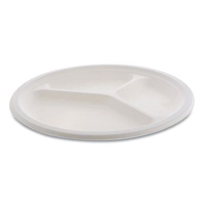 Pactiv MC500440002 EarthChoice 10" Bagasse Dinner Plates, 3 Compartment, Compostable, Natural - 500 / Case